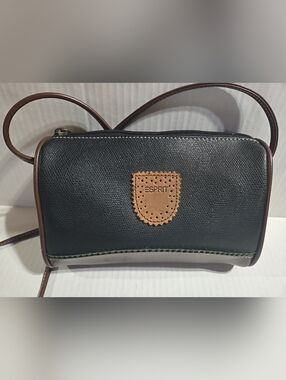 Vintage ESPRIT Black Crossbody Shoulder Bag w/ Brown Accent Spellout Green Trim